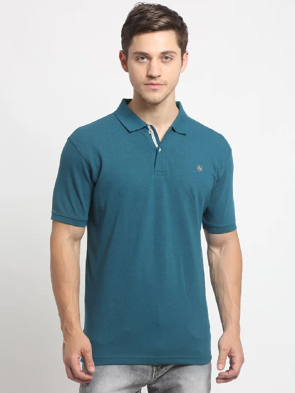 Men Airforce Blue Casual Polo Neck T-Shirt