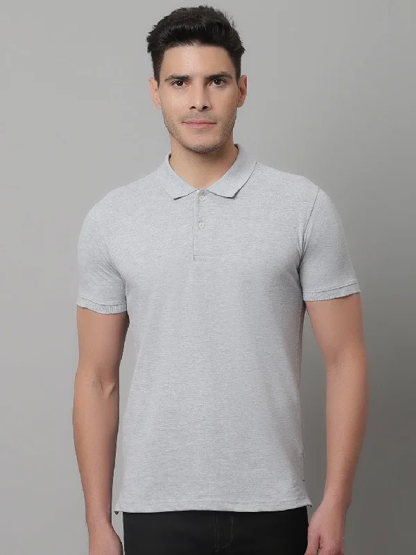 Men Grey Casual Half Sleeves Polo Neck T-Shirt