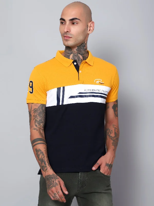 Men Mustard Color-Block Half Sleeves Polo Neck Casual T-Shirt