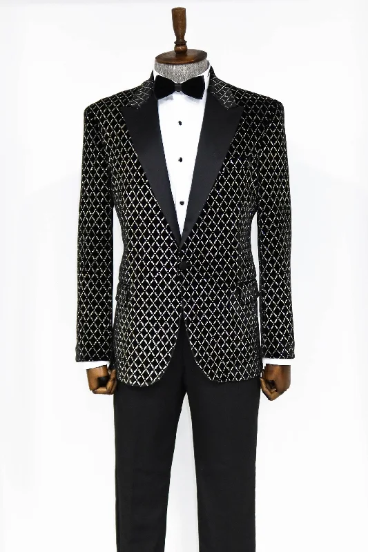 Black Patterned Over Black Men Prom Blazer - Wessi