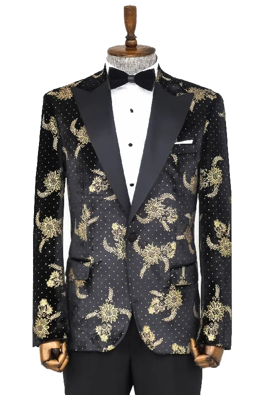 Dot Floral Patterned Velvet Black Men Stage Tuxedo Blazer - Wessi