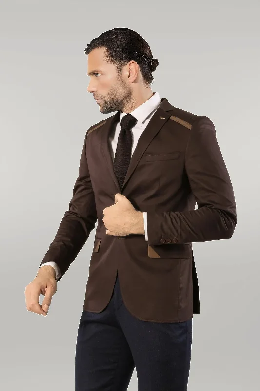 Double Buttons Mono Lapel Shoulder Piece Brown Jacket-Wessi