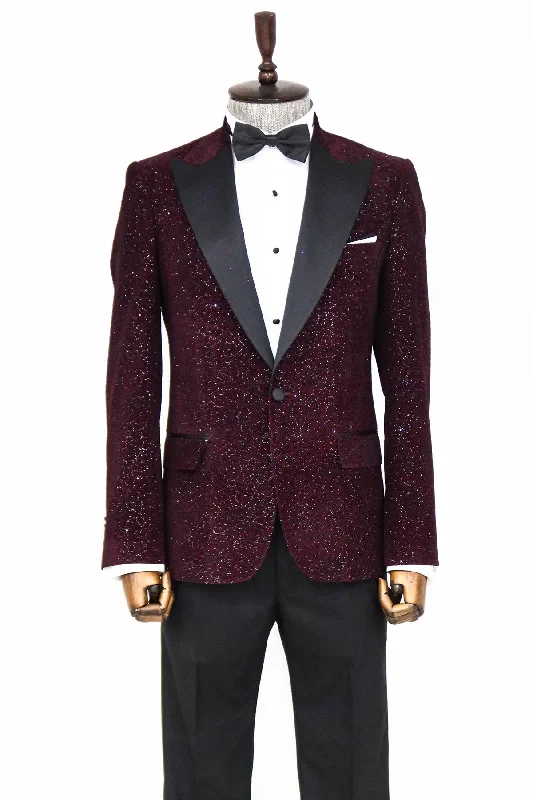 Glitter Floral Patterned Burgundy Men Party Blazer - Wessi