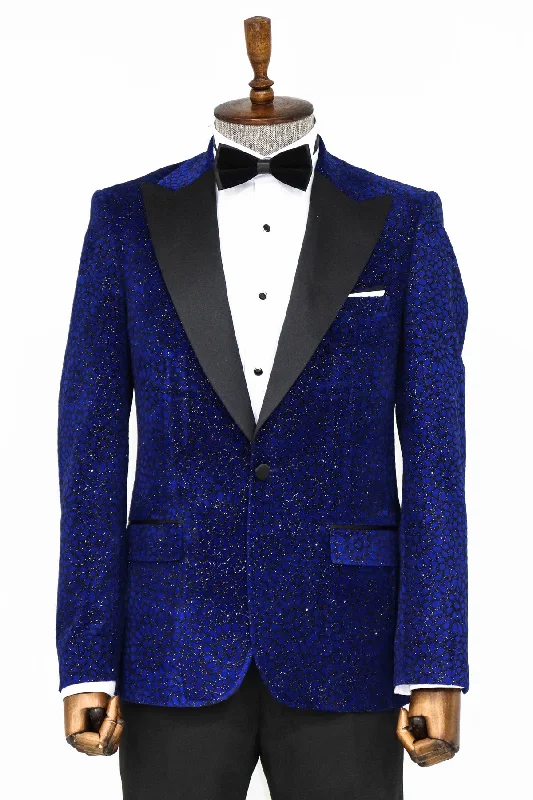 Glitter Floral Patterned Sax Blue Men Dinner Jacket - Wessi