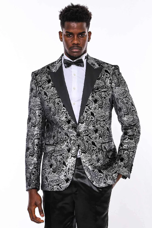 Gold Patterned Over Grey Men Party Blazer - Wessi