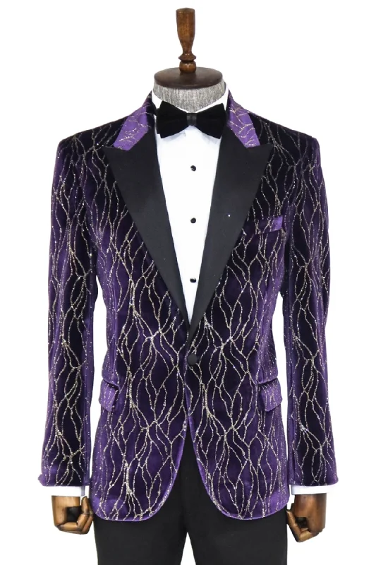 Gold Patterned Purple Men Singer Tuxedo  Blazer - Wessi