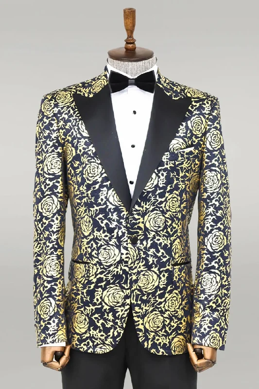 Gold Rose Patterned Slim Fit Navy Blue Men Party Blazer - Wessi