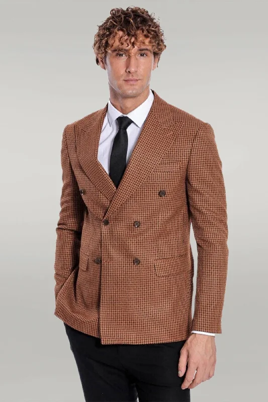 Houndstooth Patterned Tawny Men Double Breasted Blazer - Wessi