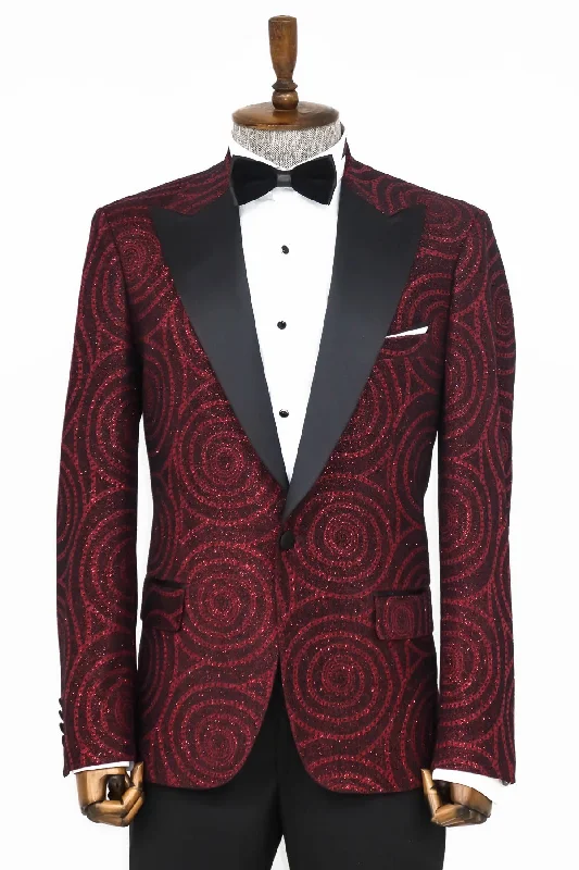 Hypnose Pattern Peak Lapel Slim Fit Burgundy Men Tuxedo  Blazer - Wessi