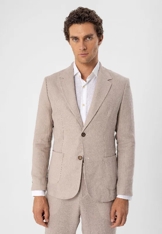 Men's Beige 100% Linen  Blazer Jacket - Wessi