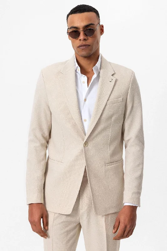 Men's Beige Plain Single-Button Blazer - Wessi