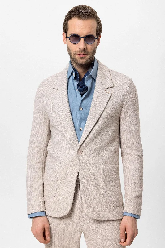 Men's Beige Textured Plain  Blazer - Wessi