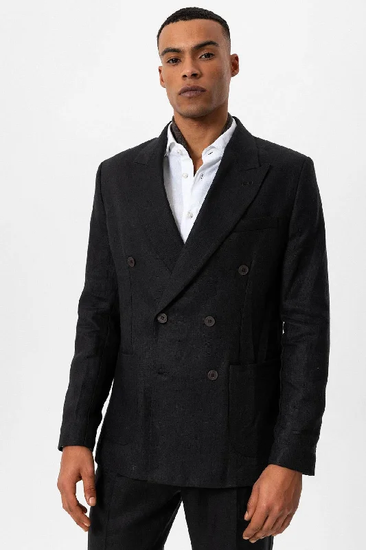 Men's Black 100% Linen Double-Breasted  Blazer - Wessi