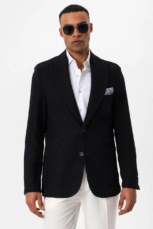 Men's Black Pocketed Plain Blazer Jacket - Wessi