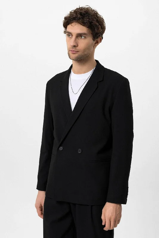 Men's Black Single-Button Double-Breasted  Blazer - Wessi