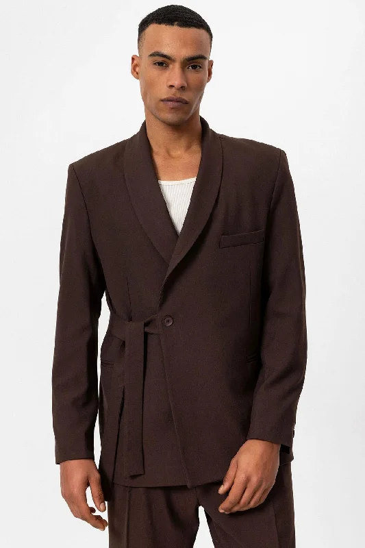 Men's Brown 100% Linen Pocket Detail Double-Breasted  Blazer - Wessi