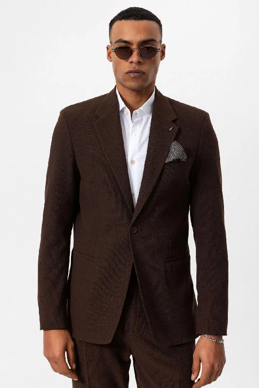 Men's Brown Plain Single-Button Blazer - Wessi