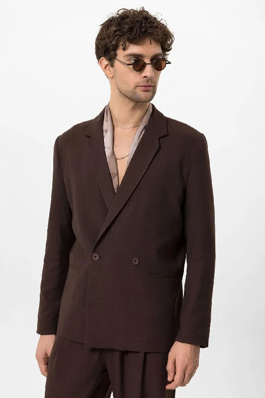 Men's Brown Single-Button Double-Breasted  Blazer - Wessi