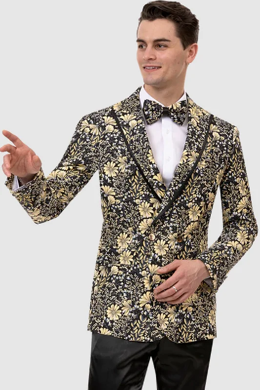 Mens Double Breasted Black & Gold Paisley Tuxedo Dinner Jacket Blazer