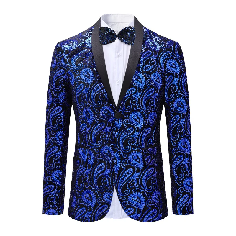 Men's Floral Sequined Single-Breasted Blazer Blue