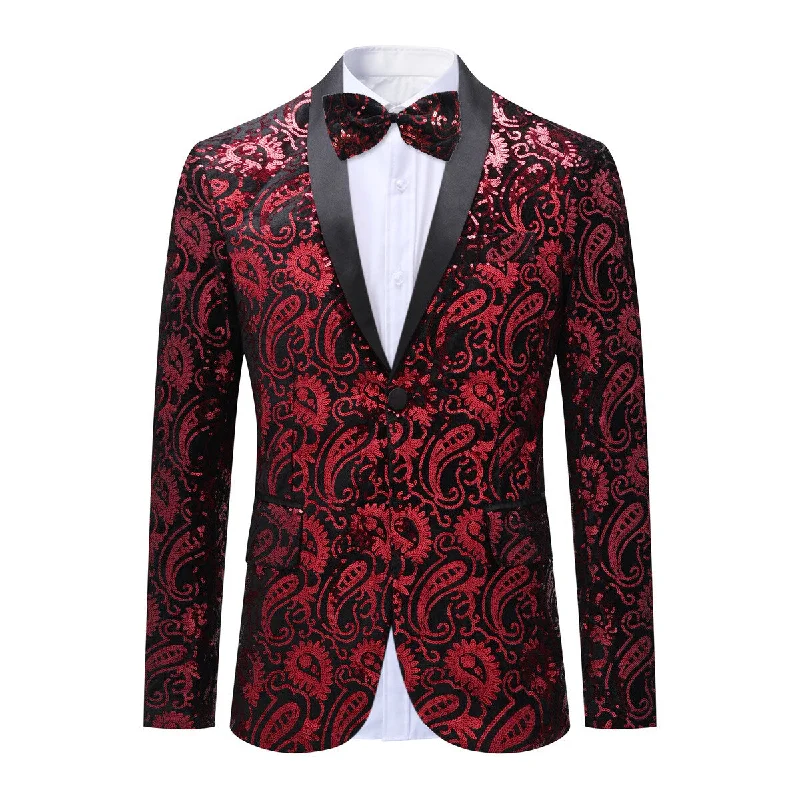 Men's Floral Sequined Single-Breasted Blazer Red