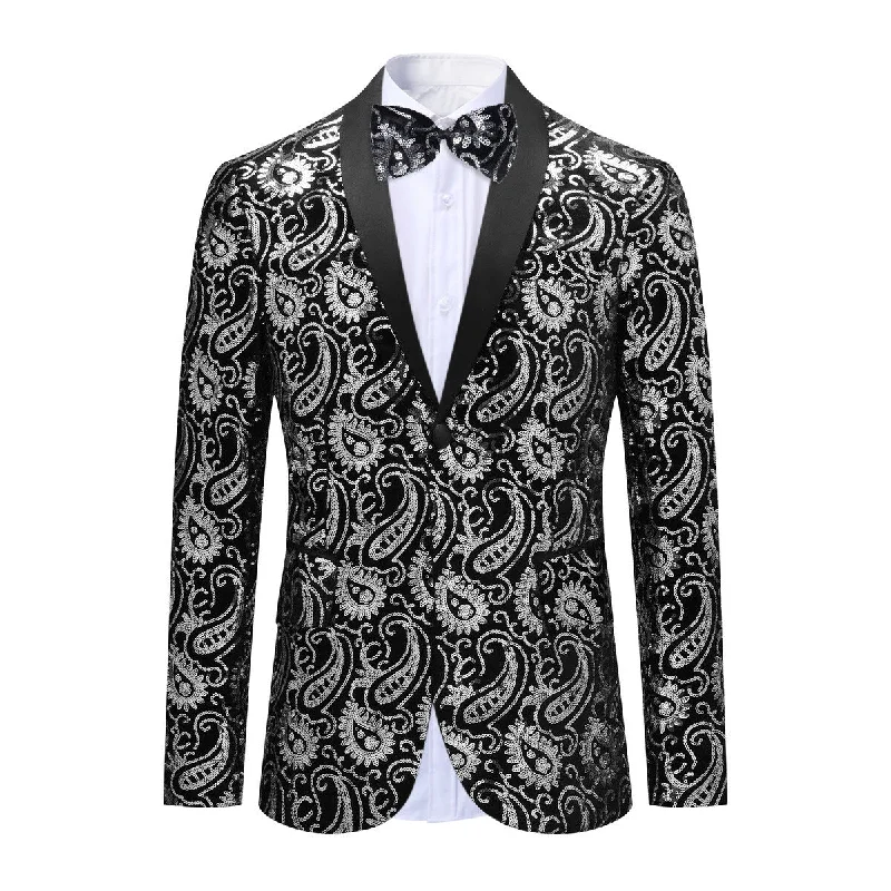 Men's Floral Sequined Single-Breasted Blazer Silver