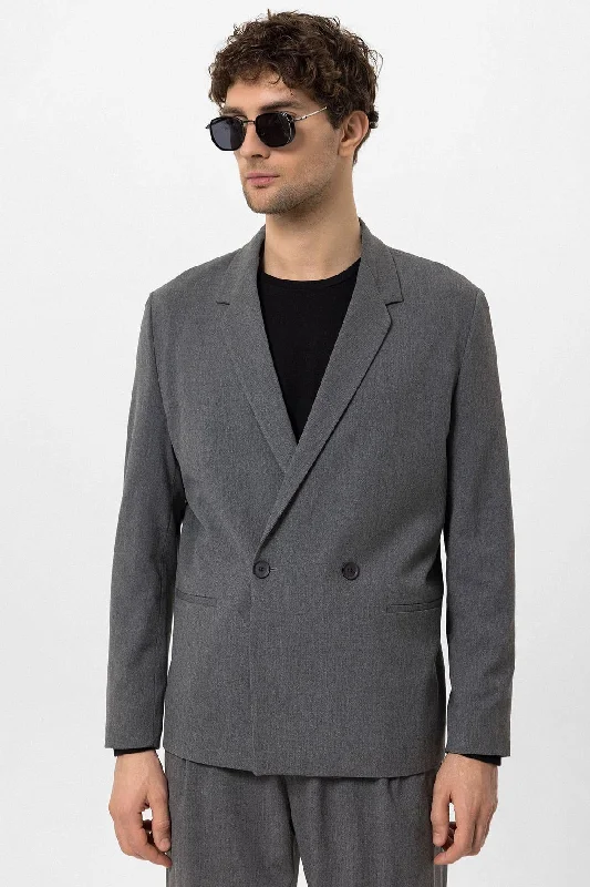 Men's Grey Single-Button Double-Breasted  Blazer - Wessi