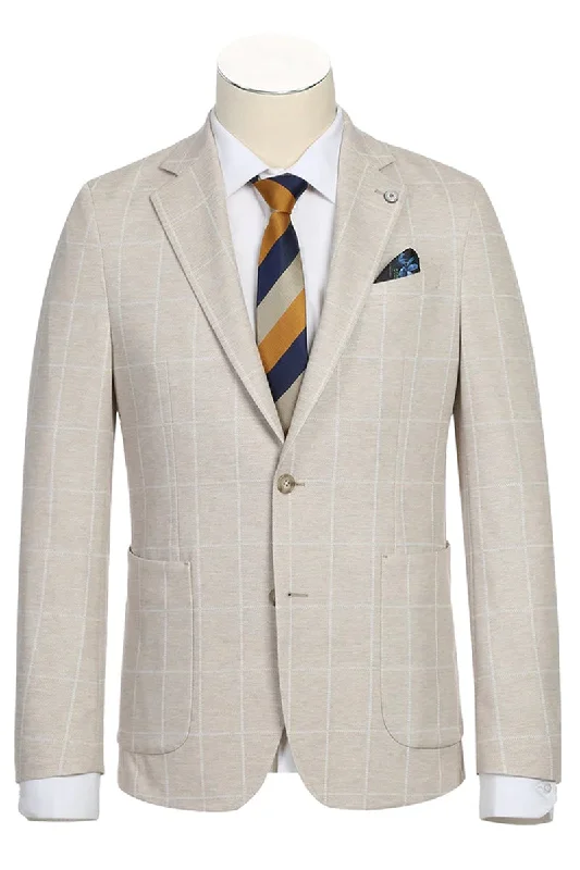 Mens Half Canvas Unconstructed Sport Coat Blazer in Light Tan Beige Windowpane Plaid