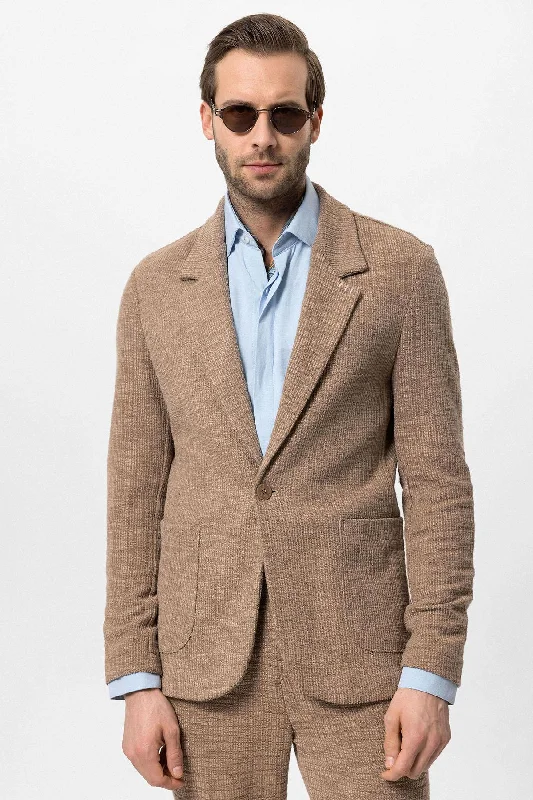 Men's Light Brown Textured Plain  Blazer - Wessi