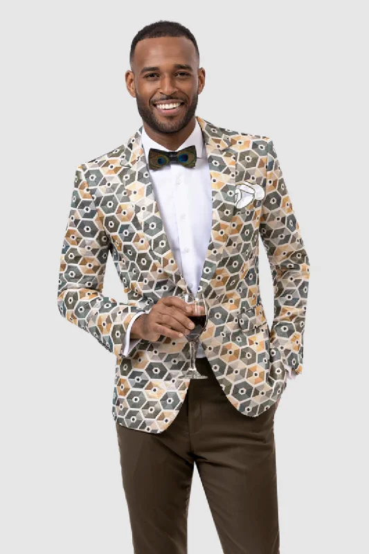 Mens Modern Fit One Button Hexagon Pattern Blazer in Olive and Beige