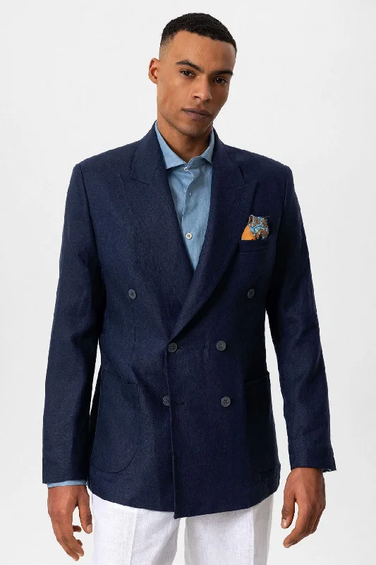 Men's Navy Blue 100% Linen Double-Breasted  Blazer - Wessi