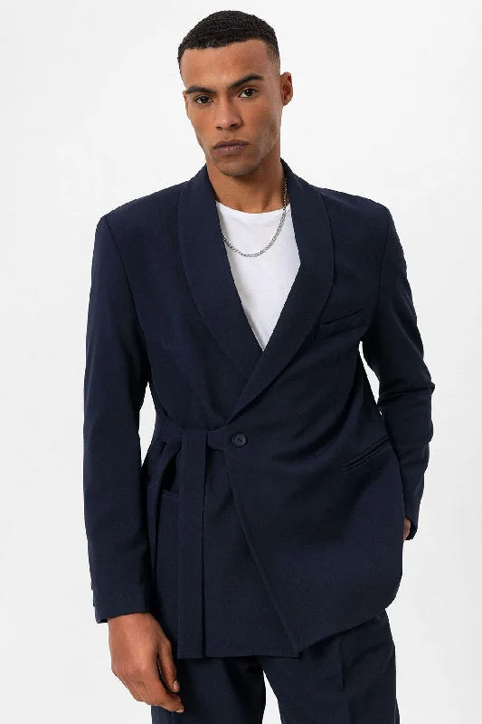 Men's Navy Blue 100% Linen Pocket Detail Double-Breasted  Blazer - Wessi