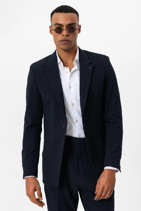 Men's Navy Blue Plain Single-Button Blazer - Wessi