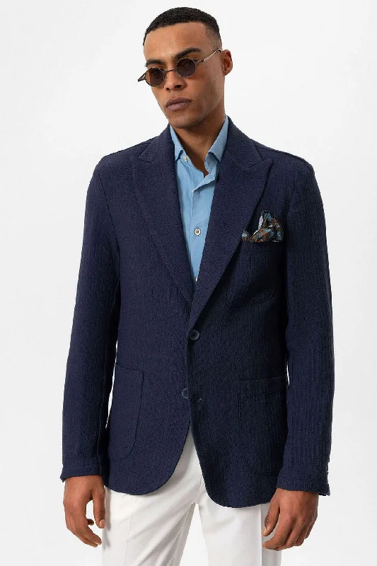 Men's Navy Blue Pocketed Plain Blazer Jacket - Wessi