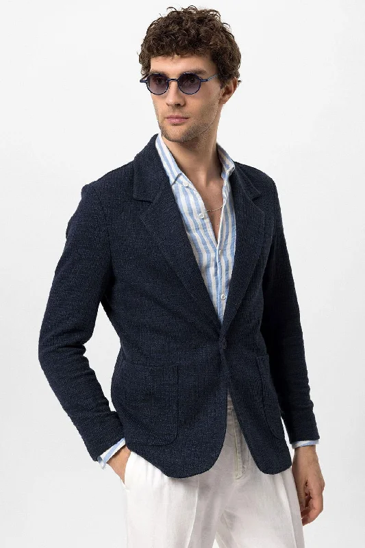 Men's Navy Blue Textured Plain  Blazer - Wessi