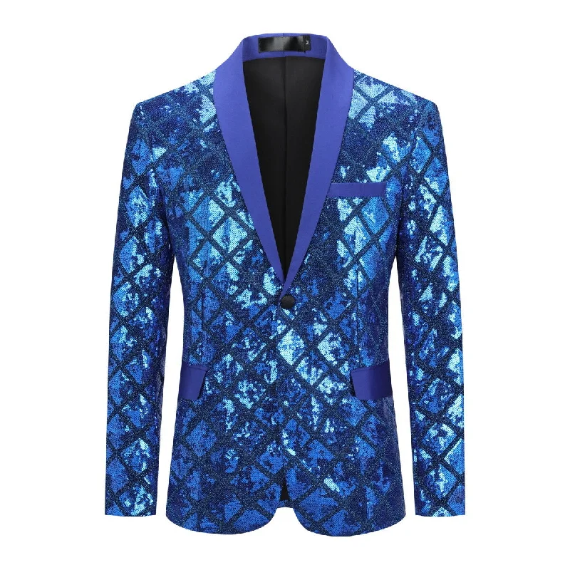 Men's One Button Plaid Sequin Blazer Blue