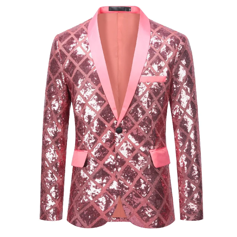 Men's One Button Plaid Sequin Blazer Pink