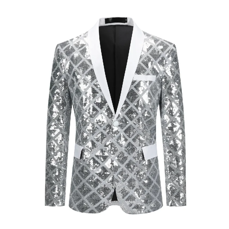 Men's One Button Plaid Sequin Blazer Silver