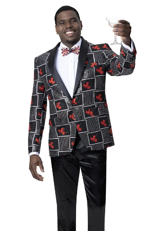 Mens One Button Shawl Lapel Square Pattern Tuxedo Jacket in Black & Red