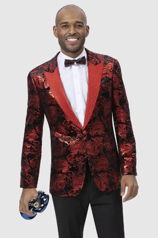 Mens Shiny Red Paisley Sharkskin Performers Blazer with Studded Lapel