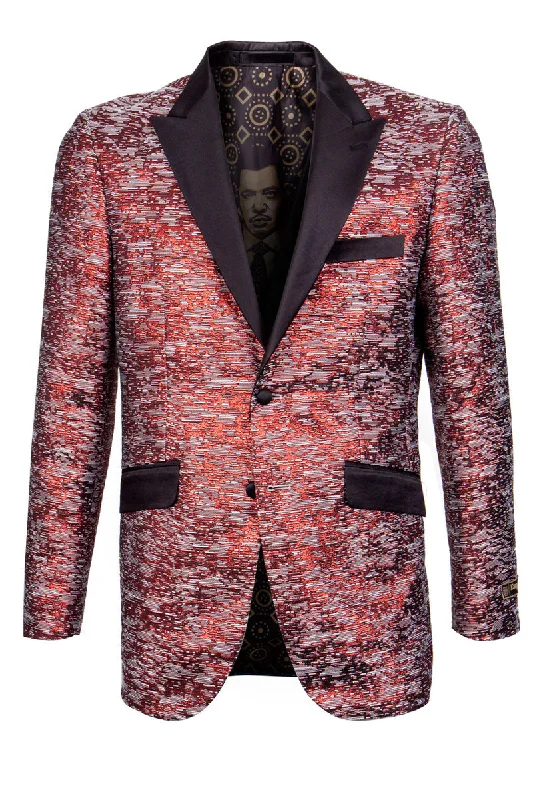 Men's Shiny Satin Texured Tuxedo Jacket in Red & Black