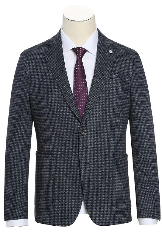 Mens Slim Fit Half Canvas Patch Pocket Summer Cotton Blazer In Charcoal Grey Mini Check