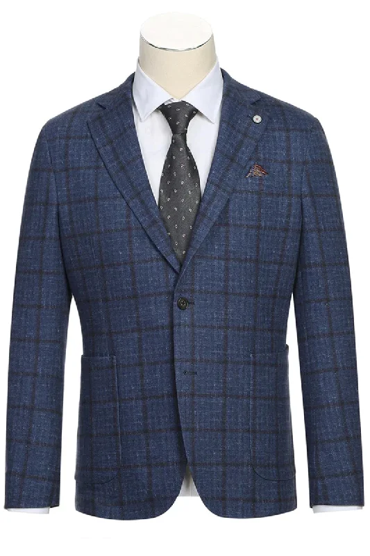 Mens Slim Fit Half Canvas Patch Pocket Summer Cotton Blazer In Navy Blue Windowpane Plaid