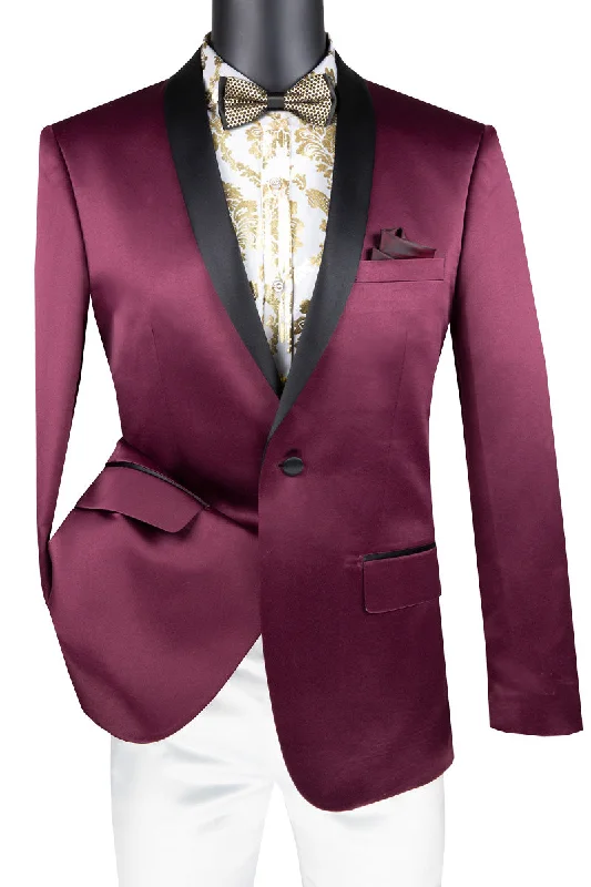 Mens Slim Fit One Button Shiny Satin Tuxedo Jacket in Burgundy