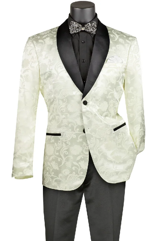 Mens Slim fit Silky Jacquard Tonal Paisley Print Prom Blazer in Ivory Cream