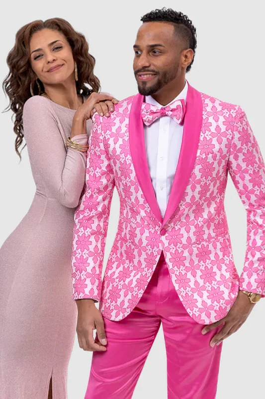 Mens Slim Floral Lace Pattern Prom Tuxedo in Hot Pink Fuschia