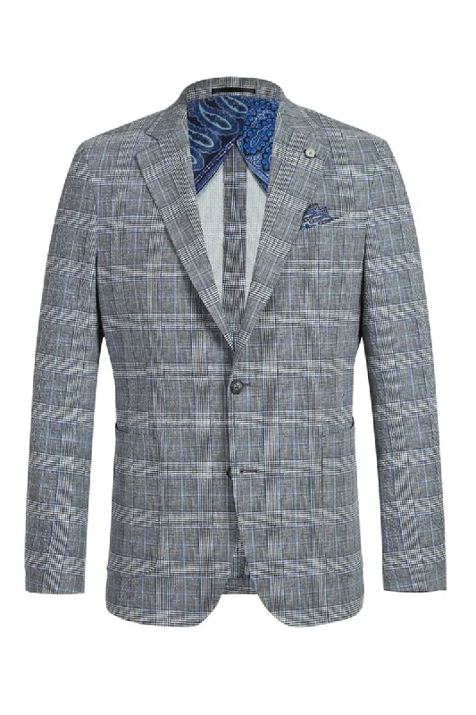 Mens Two Button Slim Fit Unconstructed Summer Blazer in Grey & Blue Windowpane Plaid