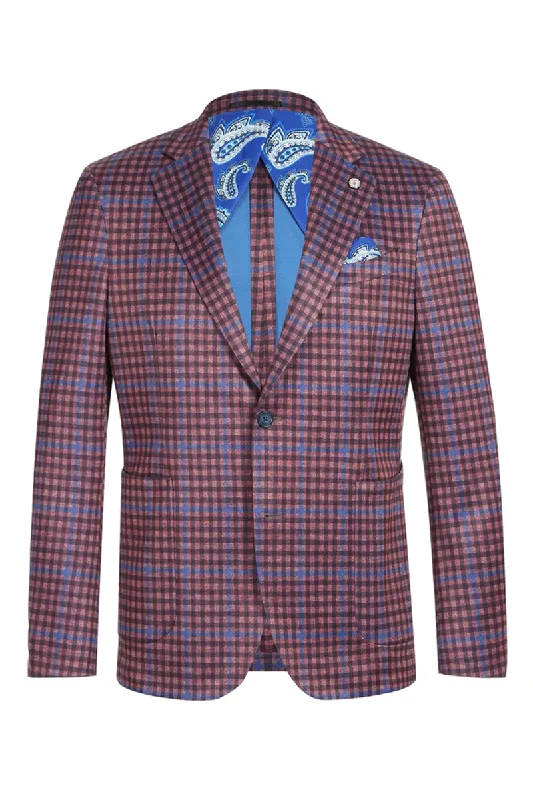 Mens Two Button Slim Fit Unconstructed Summer Cotton Blazer in Burgundy & Blue Windowpane Plaid