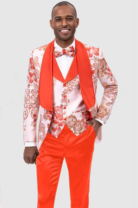 Mens Vested Shawl Lapel Paisley Prom Tuxedo in Orange