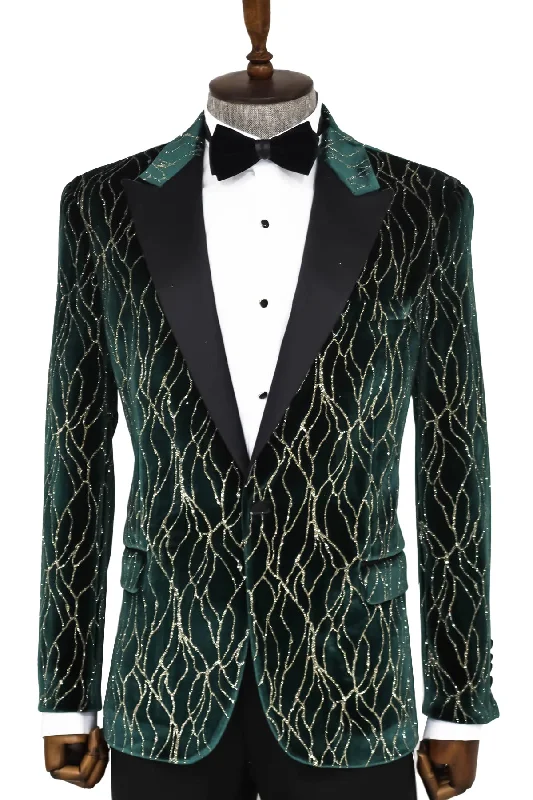 Patterned Dark Green Velvet Men Singer Tuxedo Blazer - Wessi